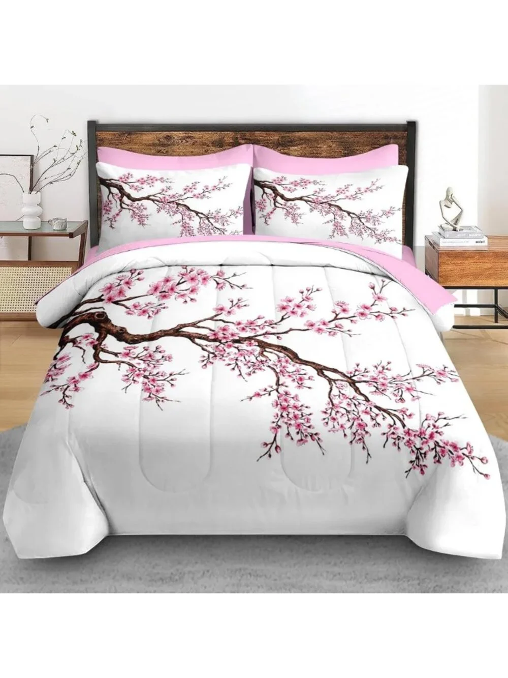 7-Piece Queen Comforter Set with Sheets - Japanese Cherry Blossom Bedding